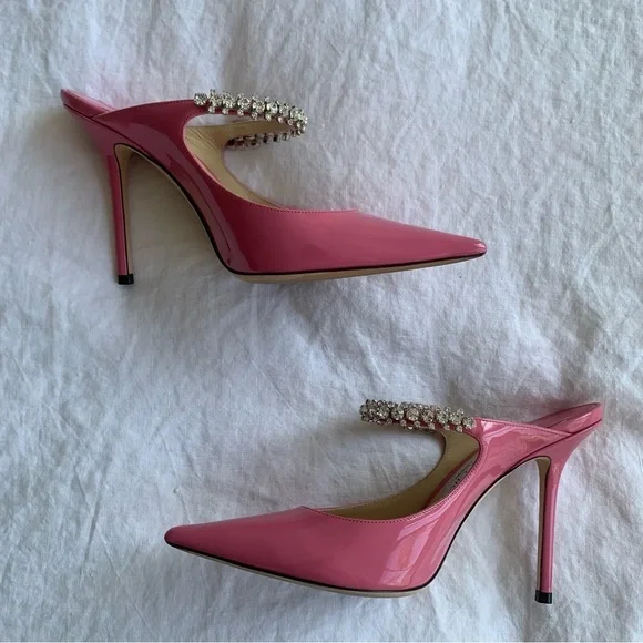 Jimmy Choo Bing 100 Shiny Patent Leather Crystal Stiletto Heels Bubble Pink - Picture 8 of 16